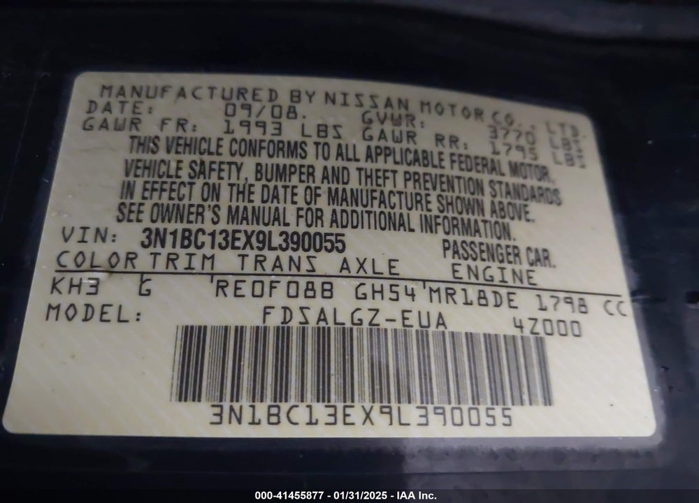 2009 NISSAN VERSA VIN: 3N1BC13EX9L390055