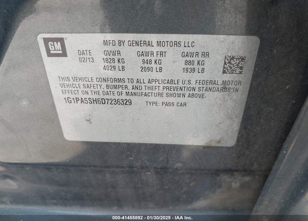 2013 CHEVROLET CRUZE LS AUTO VIN: 1G1PA5SH6D7236329