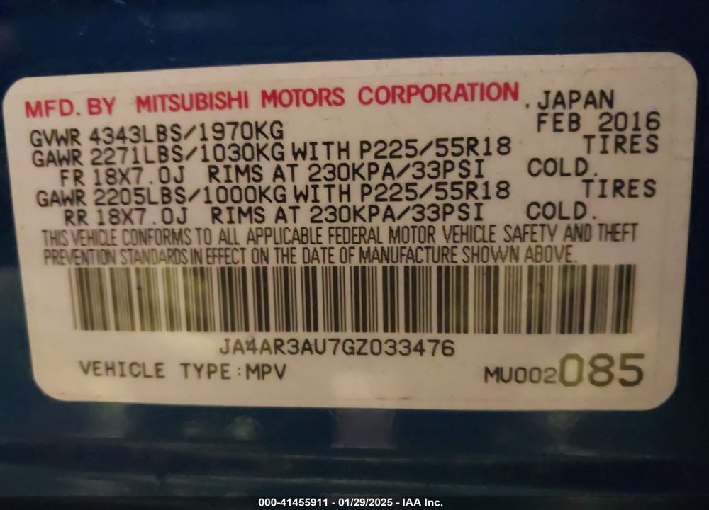 2016 MITSUBISHI OUTLANDER SPORT 2.0 ES VIN: JA4AR3AU7GZ033476