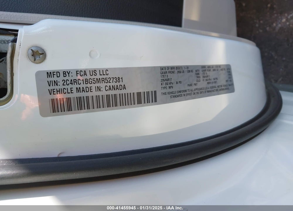 2021 CHRYSLER PACIFICA TOURING L VIN: 2C4RC1BG5MR527381