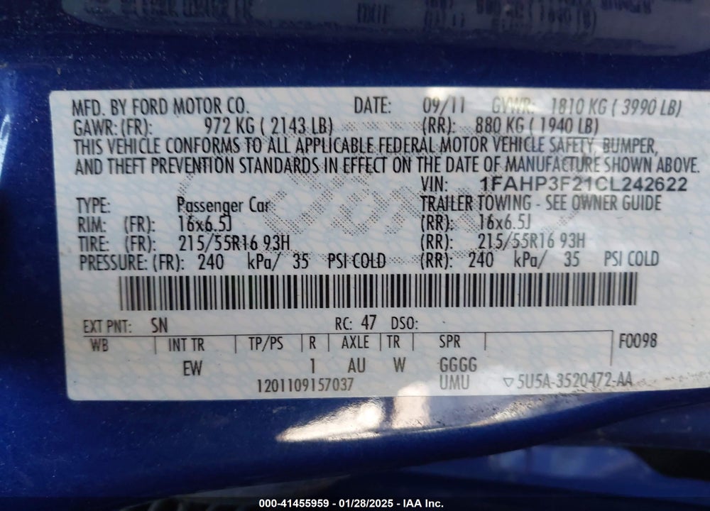 2012 FORD FOCUS VIN: 1FAHP3F21CL242622