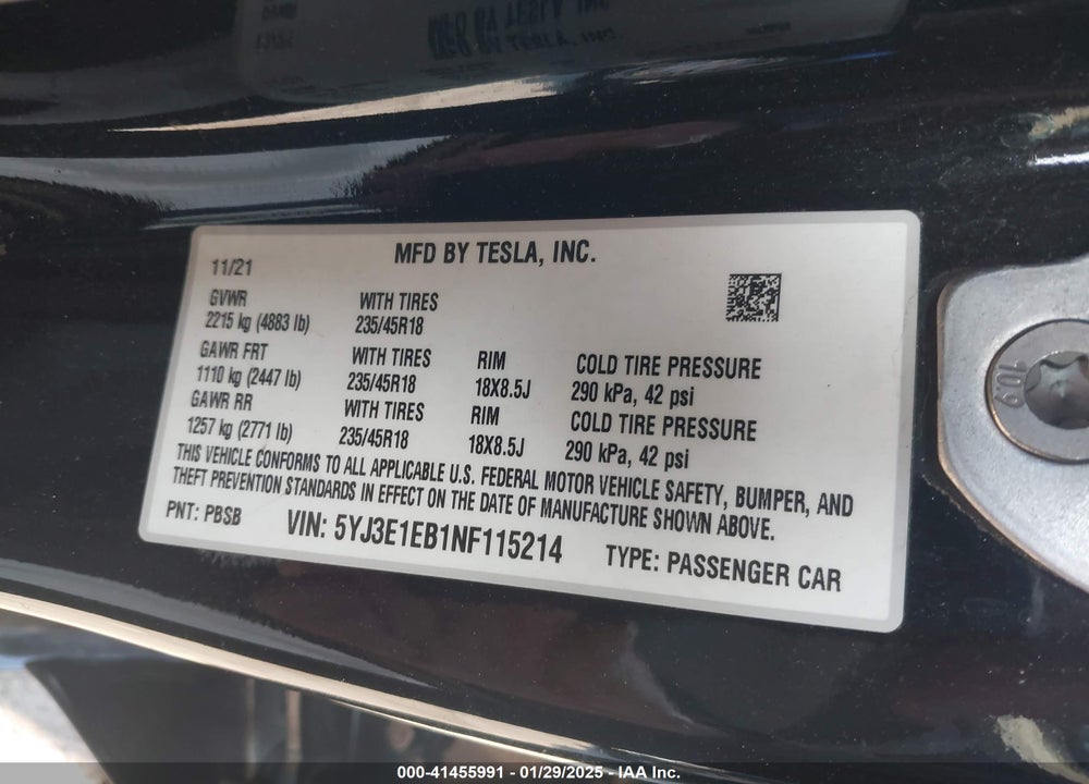 2022 TESLA MODEL 3 VIN: 5YJ3E1EB1NF115214