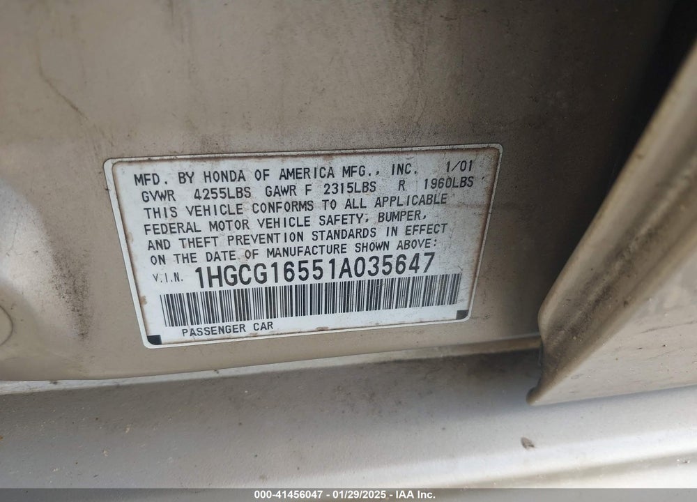 2001 HONDA ACCORD 3.0 EX VIN: 1HGCG16551A035647