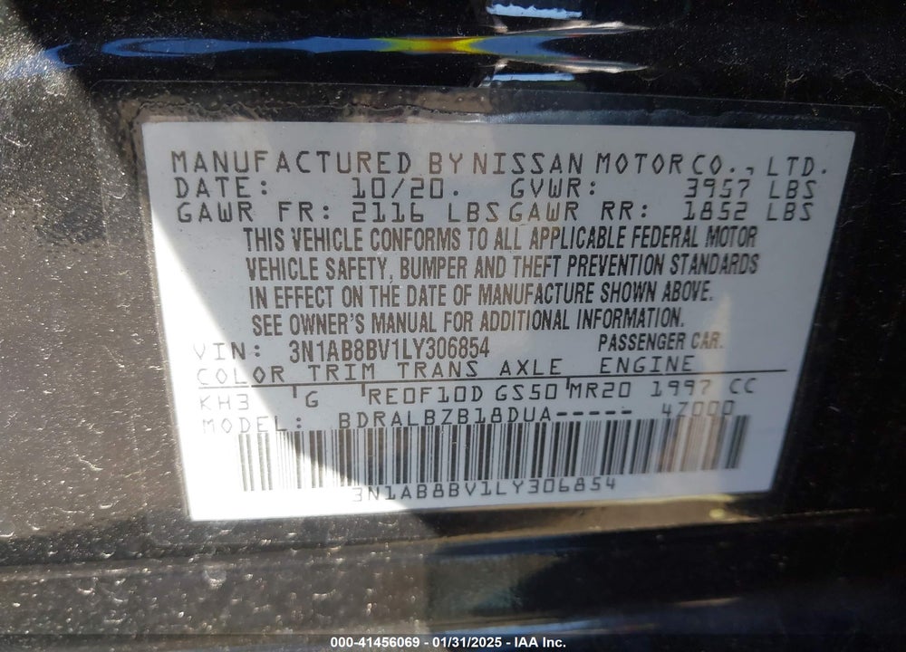 2020 NISSAN SENTRA S XTRONIC CVT VIN: 3N1AB8BV1LY306854