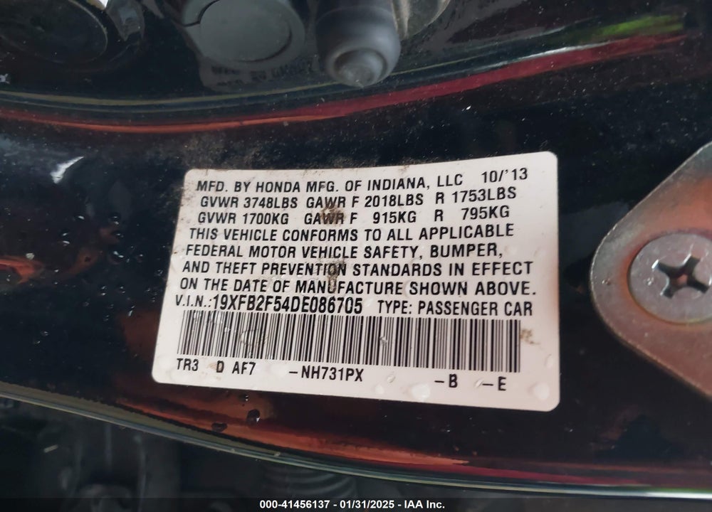 2013 HONDA CIVIC LX VIN: 19XFB2F54DE086705