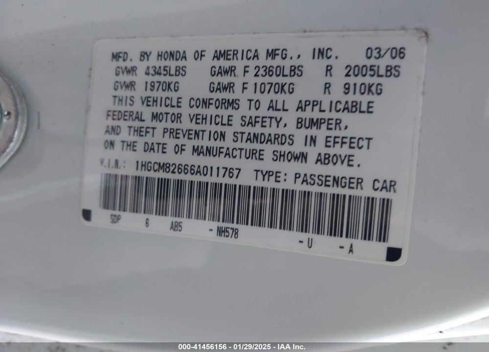 2006 HONDA ACCORD 3.0 EX VIN: 1HGCM82666A011767