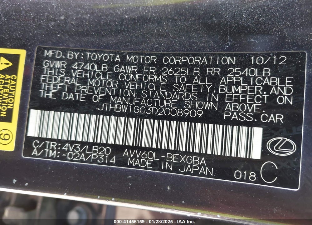 2013 LEXUS ES 300H VIN: JTHBW1GG3D2008909