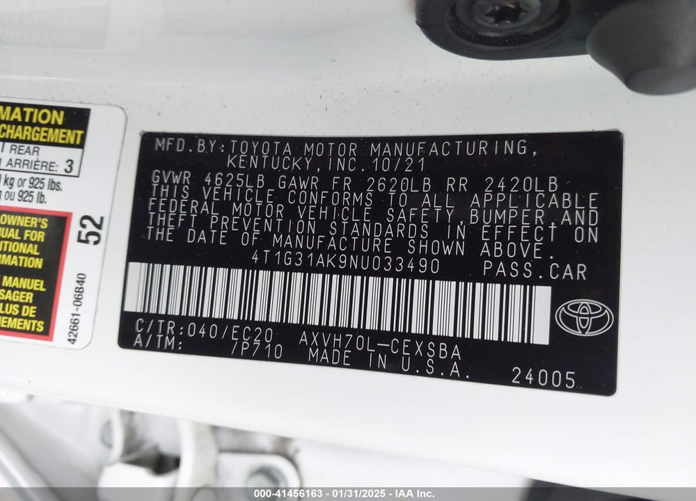 2022 TOYOTA CAMRY VIN: 4T1G31AK9NU033490