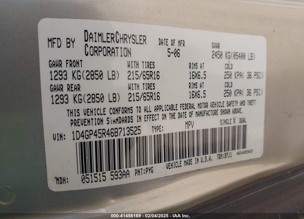 2006 DODGE CARAVAN VIN: 1D4GP45R46B713525