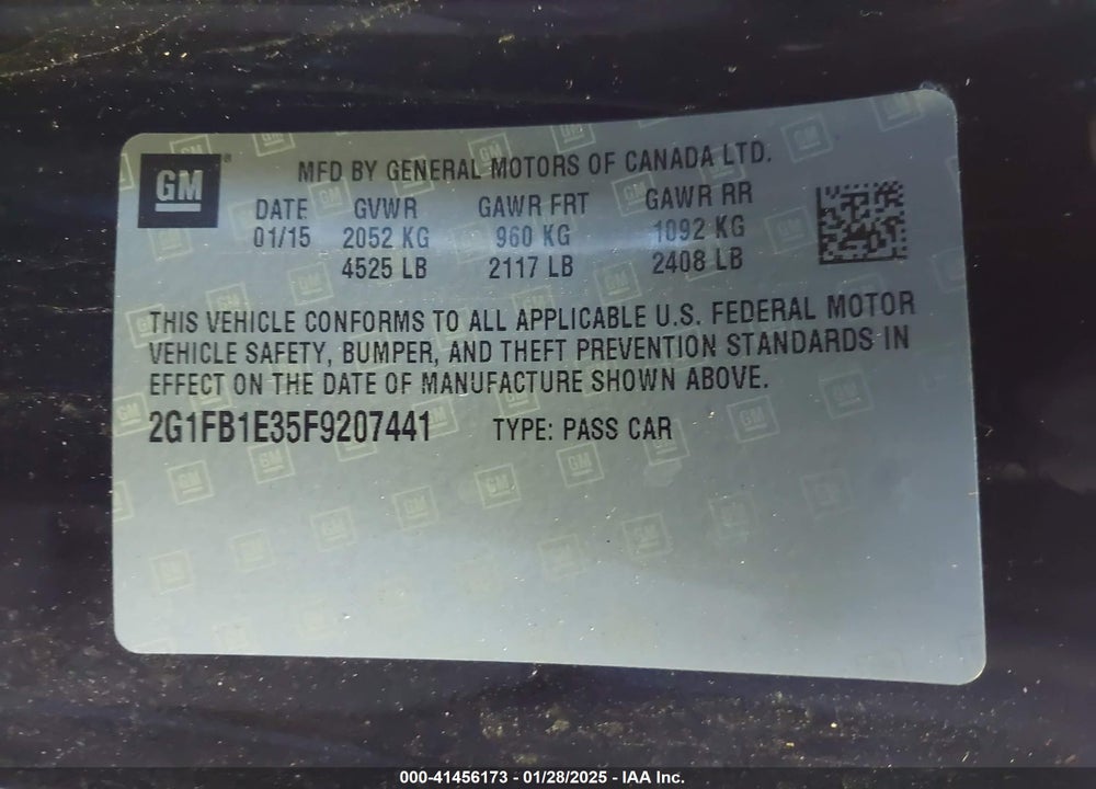 2015 CHEVROLET CAMARO 2LS VIN: 2G1FB1E35F9207441
