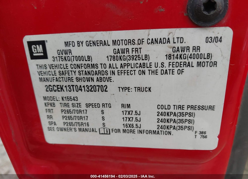 2004 CHEVROLET SILVERADO 1500 Z71 VIN: 2GCEK13T041320702
