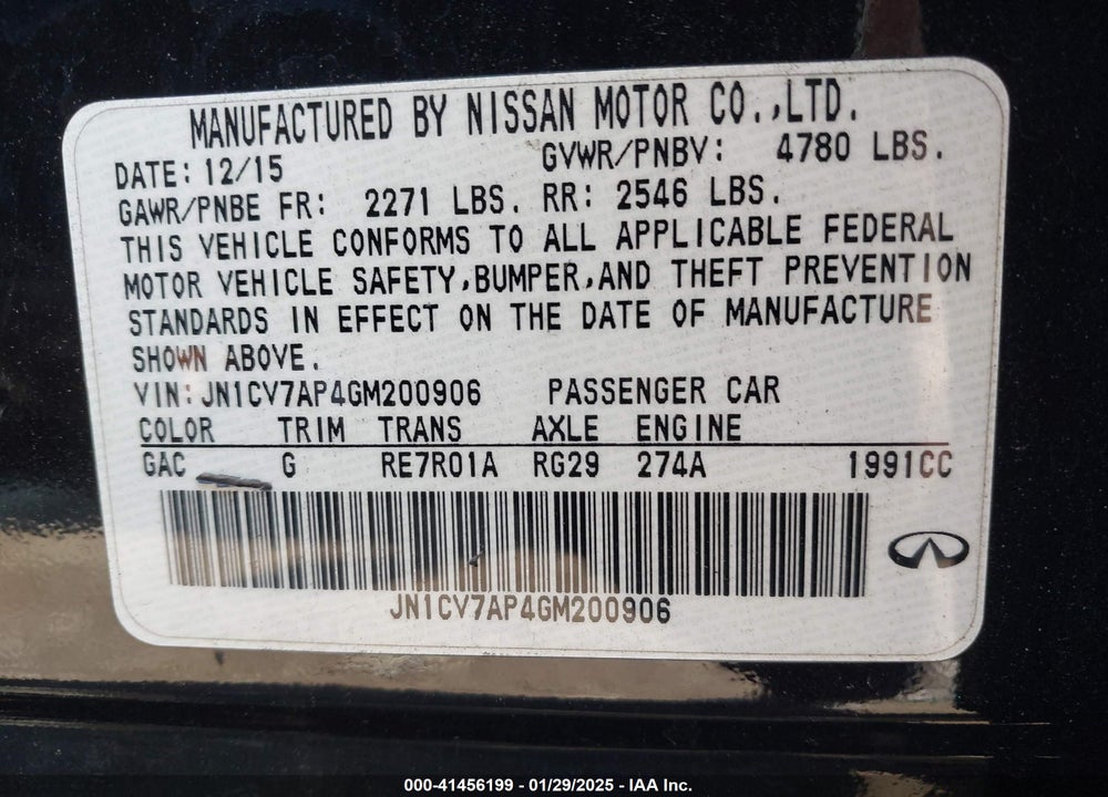 2016 INFINITI Q50 VIN: JN1CV7AP4GM200906