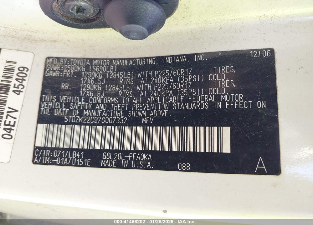 2007 TOYOTA SIENNA XLE VIN: 5TDZK22C97S007332