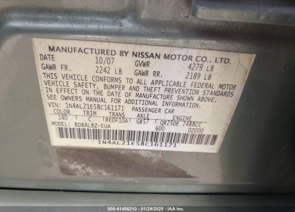 2008 NISSAN ALTIMA 2.5 S VIN: 1N4AL21E58C161171