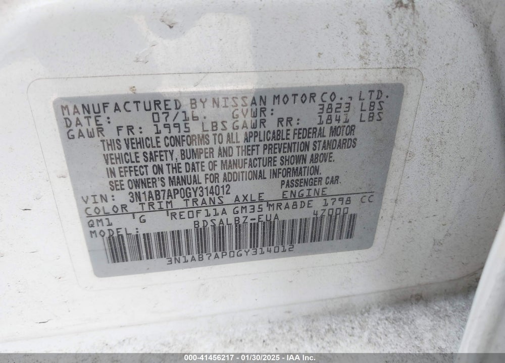 2016 NISSAN SENTRA VIN: 3N1AB7AP0GY314012