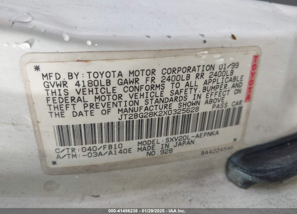 1999 TOYOTA CAMRY LE VIN: JT2BG28K2X0325628