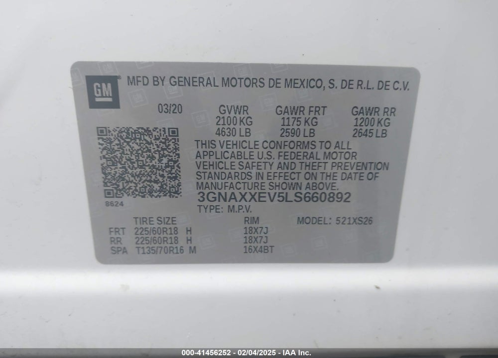 2020 CHEVROLET EQUINOX AWD PREMIER 1.5L TURBO VIN: 3GNAXXEV5LS660892