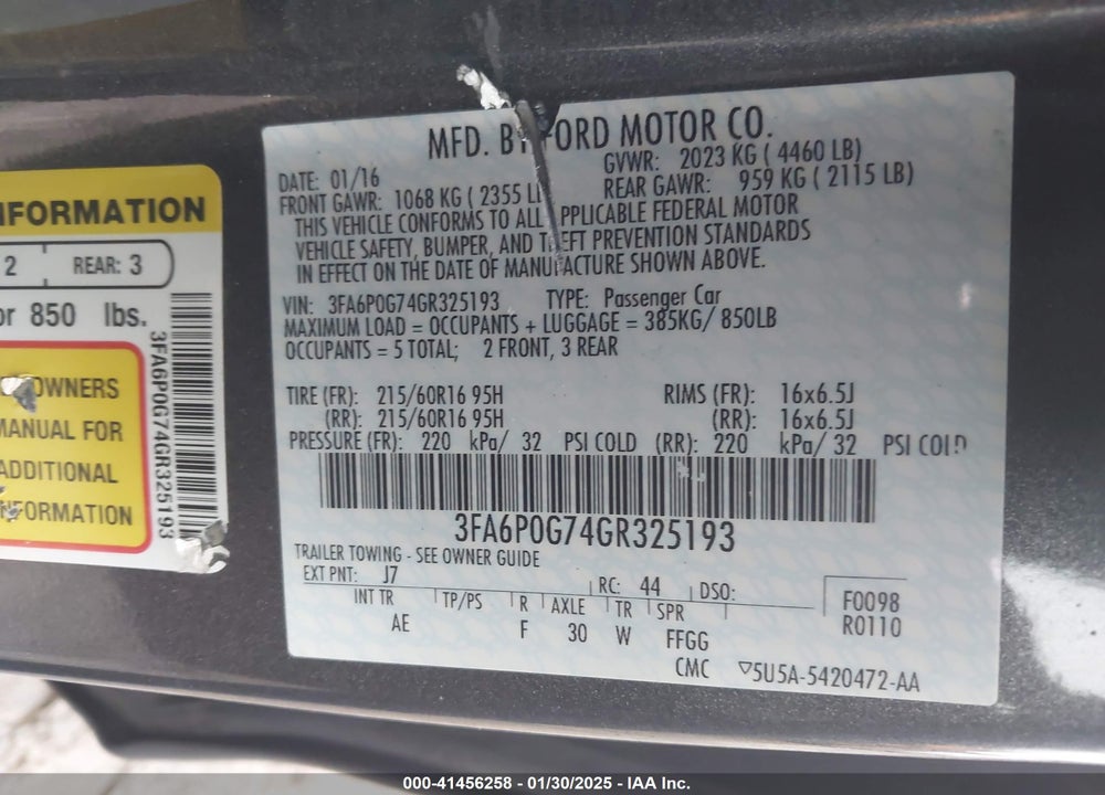 2016 FORD FUSION VIN: 3FA6P0G74GR325193
