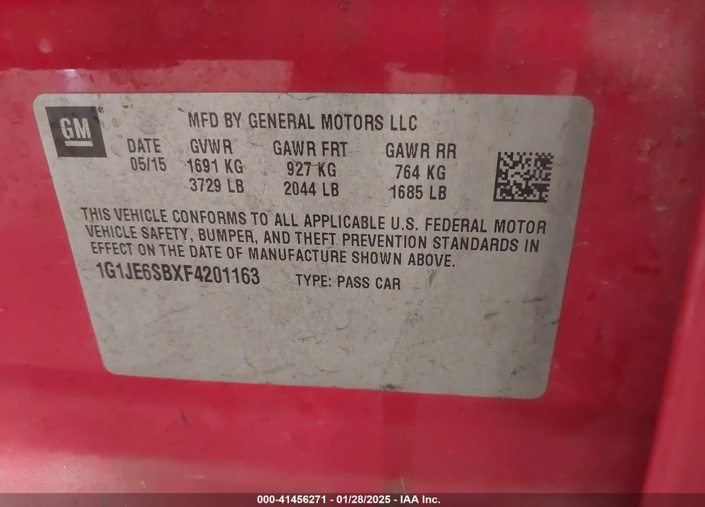 2015 CHEVROLET SONIC VIN: 1G1JE6SBXF4201163