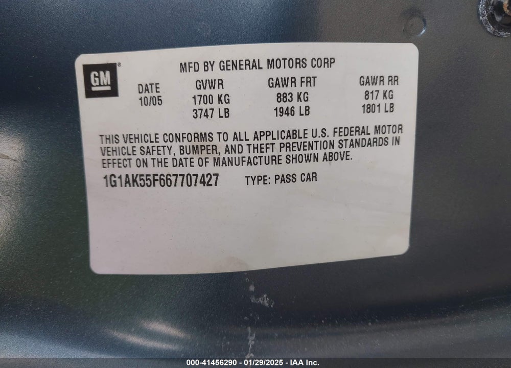 2006 CHEVROLET COBALT VIN: 1G1AK55F667707427