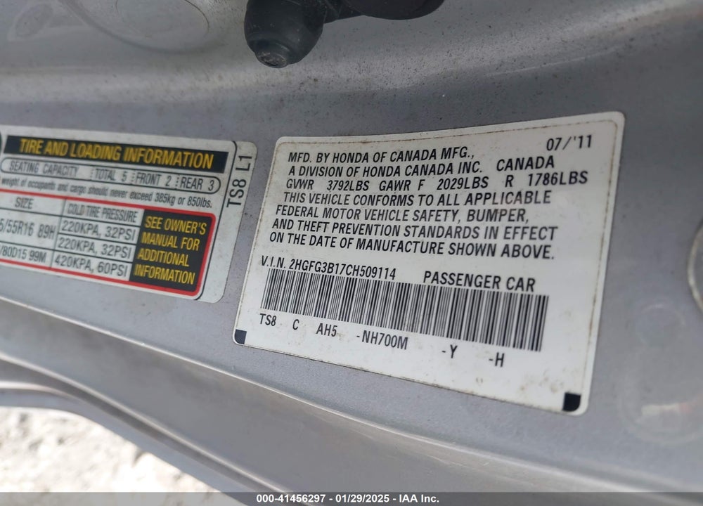 2012 HONDA CIVIC VIN: 2HGFG3B17CH509114