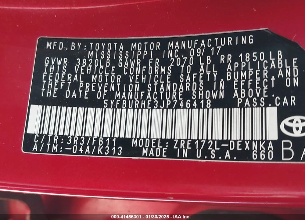 2018 TOYOTA COROLLA VIN: 5YFBURHE3JP746418