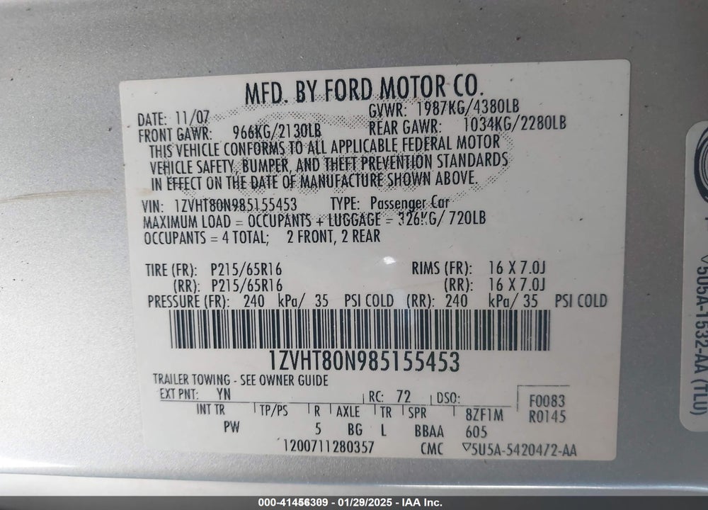 2008 FORD MUSTANG VIN: 1ZVHT80N985155453