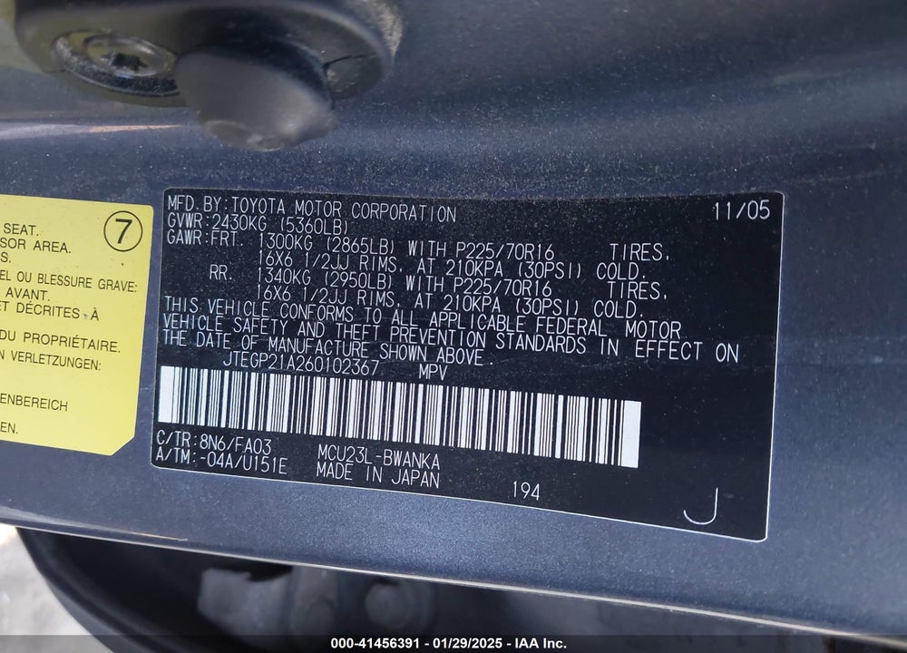 2006 TOYOTA HIGHLANDER VIN: JTEGP21A260102367