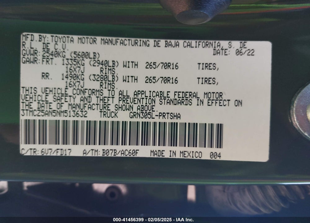2022 TOYOTA TACOMA VIN: 3TMCZ5AN5NM513632
