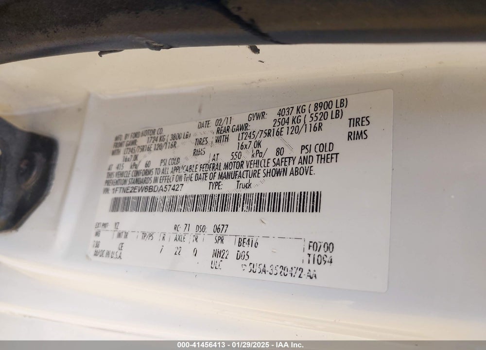 2011 FORD E-250 COMMERCIAL VIN: 1FTNE2EW6BDA57427