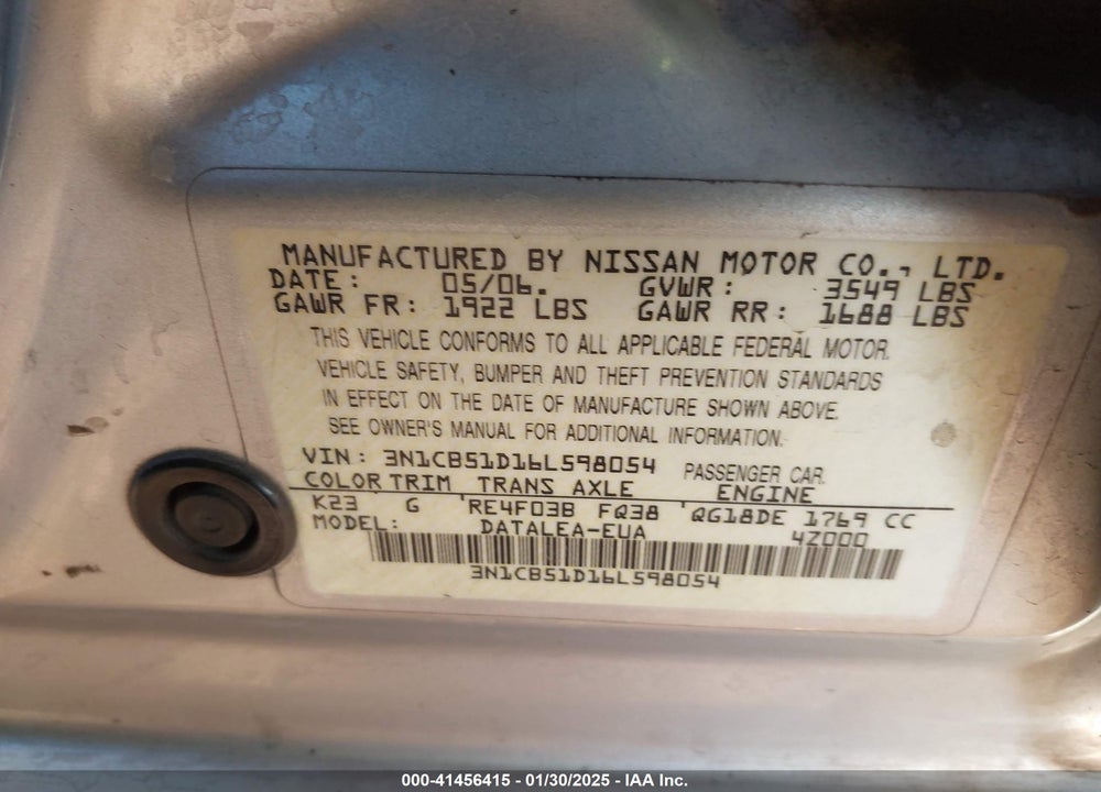 2006 NISSAN SENTRA VIN: 3N1CB51D16L598054