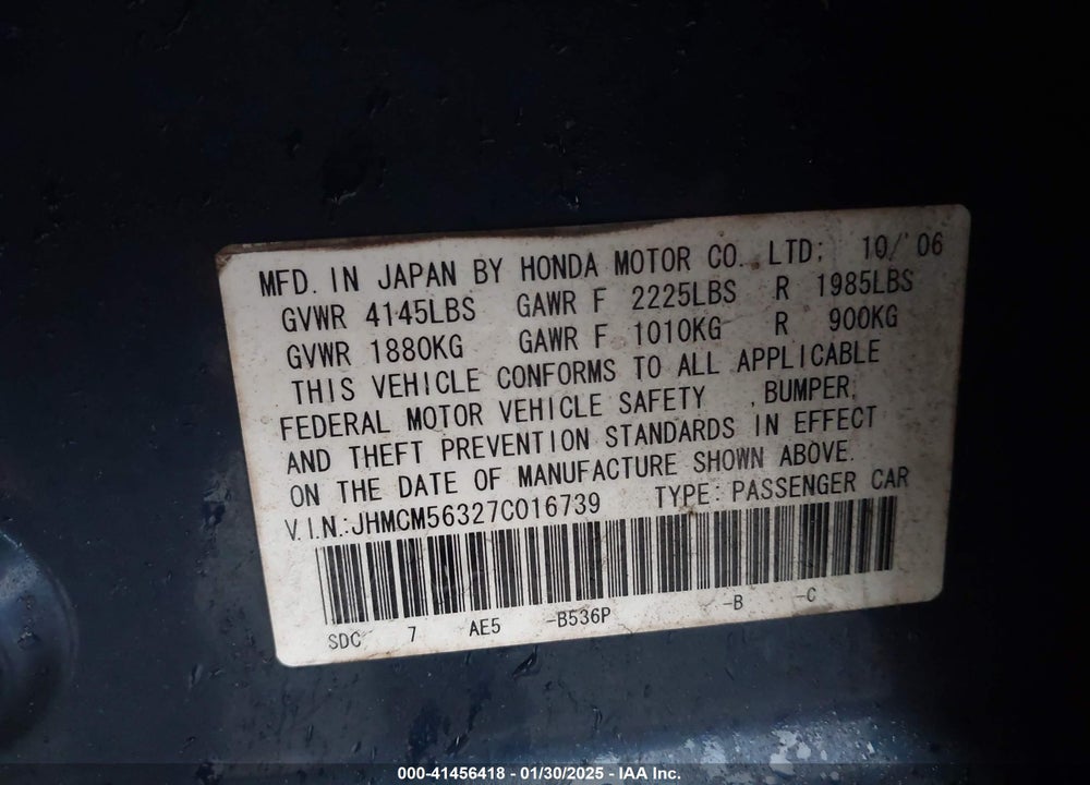 2007 HONDA ACCORD 2.4 SE VIN: JHMCM56327C016739