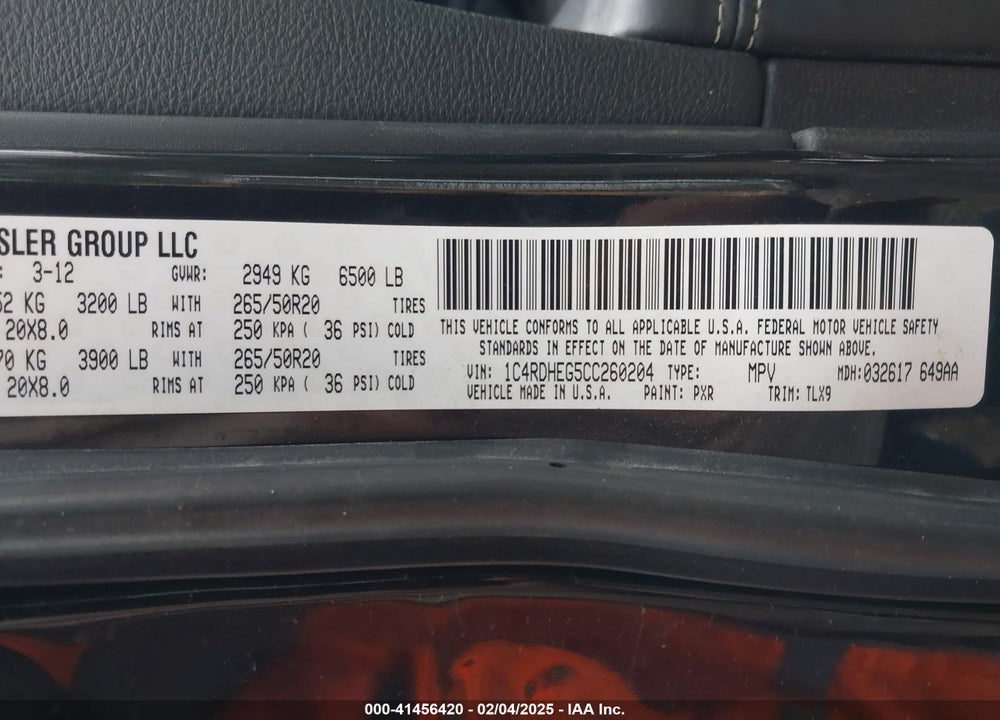 2012 DODGE DURANGO VIN: 1C4RDHEG5CC260204