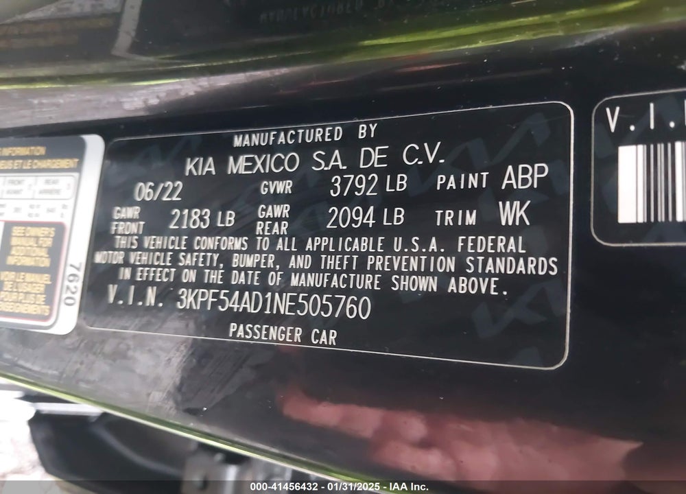 2022 KIA FORTE GT LINE VIN: 3KPF54AD1NE505760