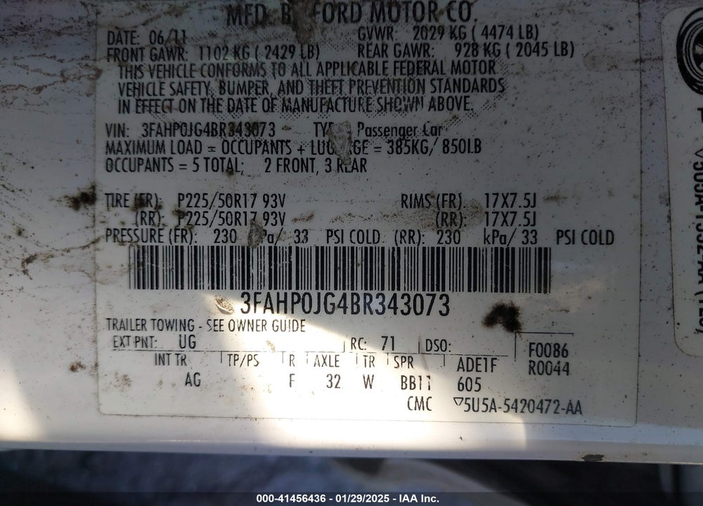 2011 FORD FUSION VIN: 3FAHP0JG4BR343073