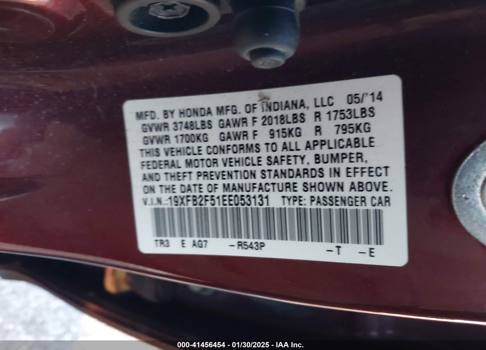 2014 HONDA CIVIC VIN: 19XFB2F51EE053131