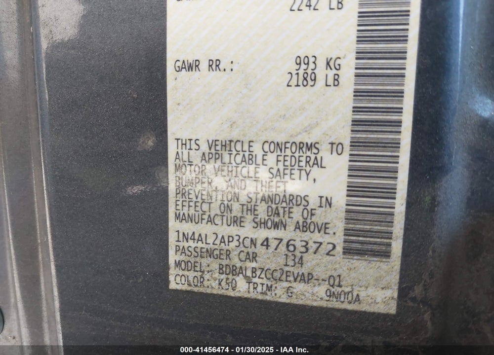 2012 NISSAN ALTIMA VIN: 1N4AL2AP3CN476372
