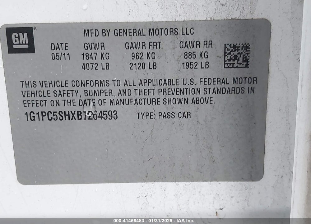 2011 CHEVROLET CRUZE LS VIN: 1G1PC5SHXB7264593