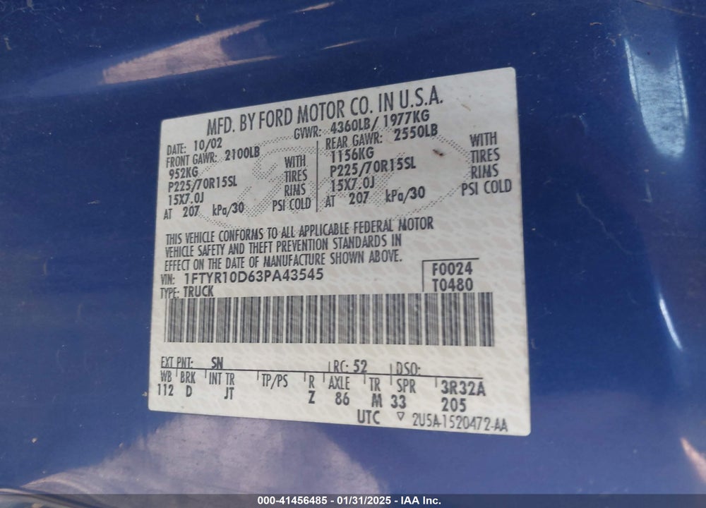 2003 FORD RANGER XL/XLT VIN: 1FTYR10D63PA43545