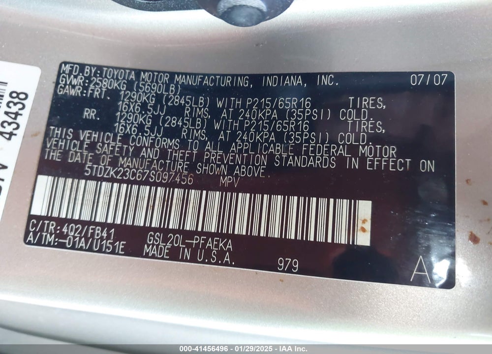 2007 TOYOTA SIENNA CE VIN: 5TDZK23C67S097456