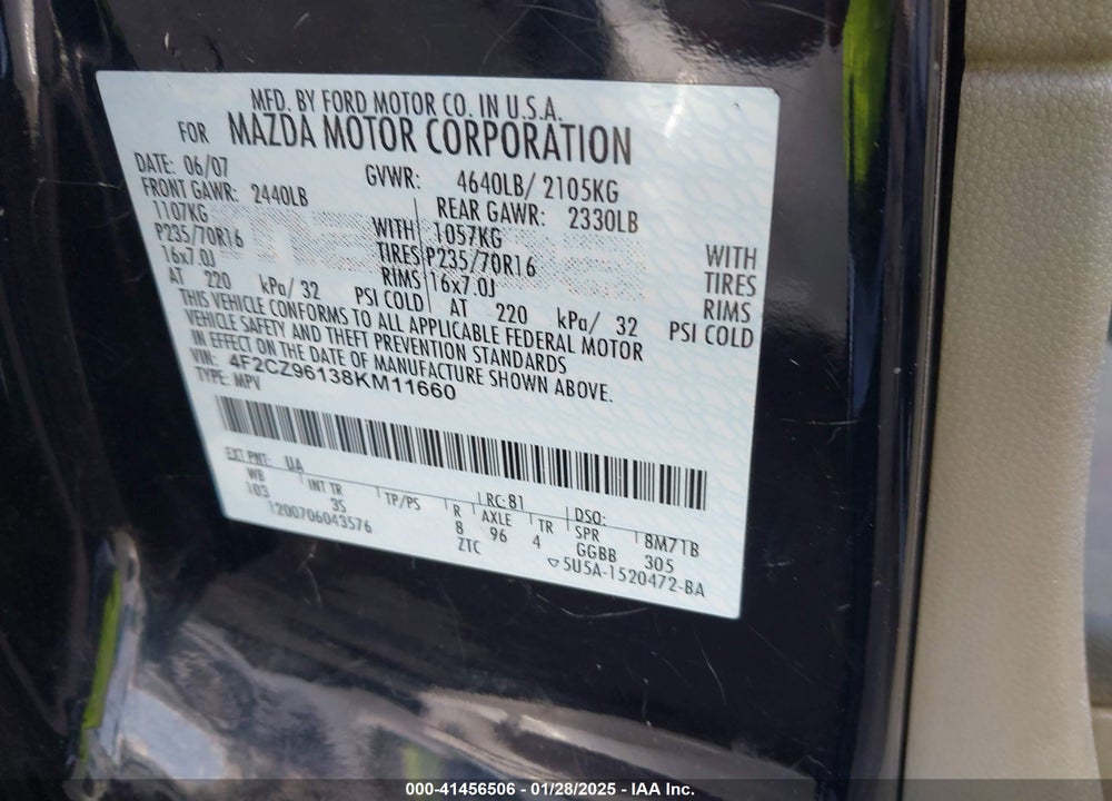 2008 MAZDA TRIBUTE S TOURING VIN: 4F2CZ96138KM11660