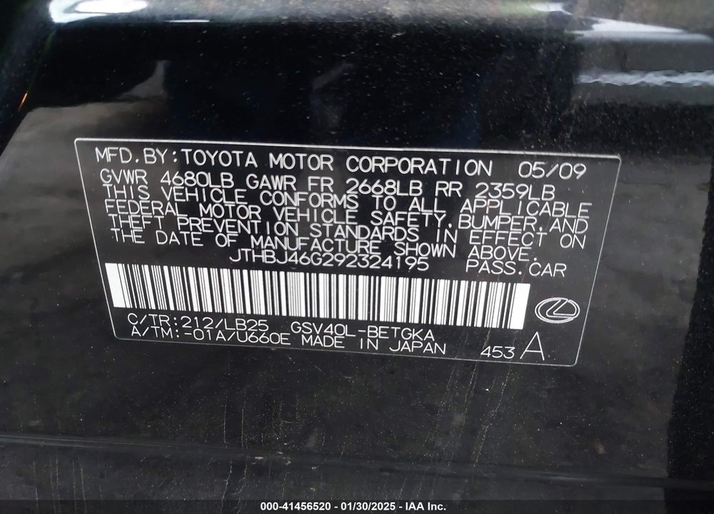 2009 LEXUS ES 350 VIN: JTHBJ46G292324195