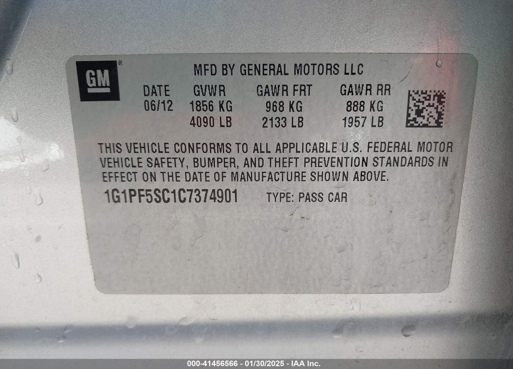 2012 CHEVROLET CRUZE VIN: 1G1PF5SC1C7374901