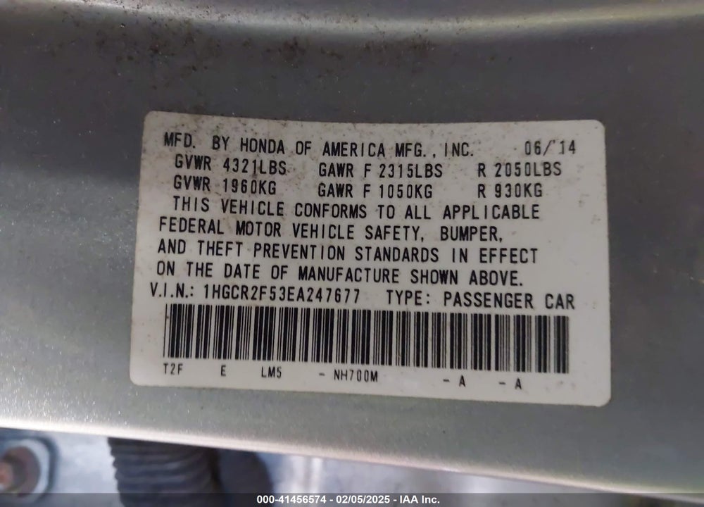 2014 HONDA ACCORD SPORT VIN: 1HGCR2F53EA247677