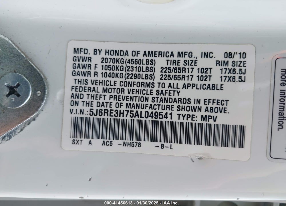 2010 HONDA CR-V EX-L VIN: 5J6RE3H75AL049541