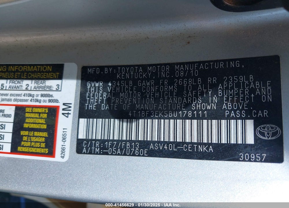 2011 TOYOTA CAMRY VIN: 4T1BF3EK5BU178111
