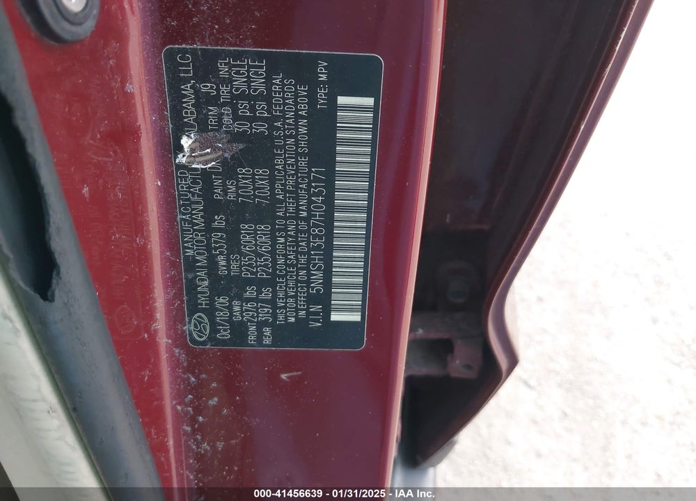 2007 HYUNDAI SANTA FE LIMITED/SE VIN: 5NMSH13E87H043171