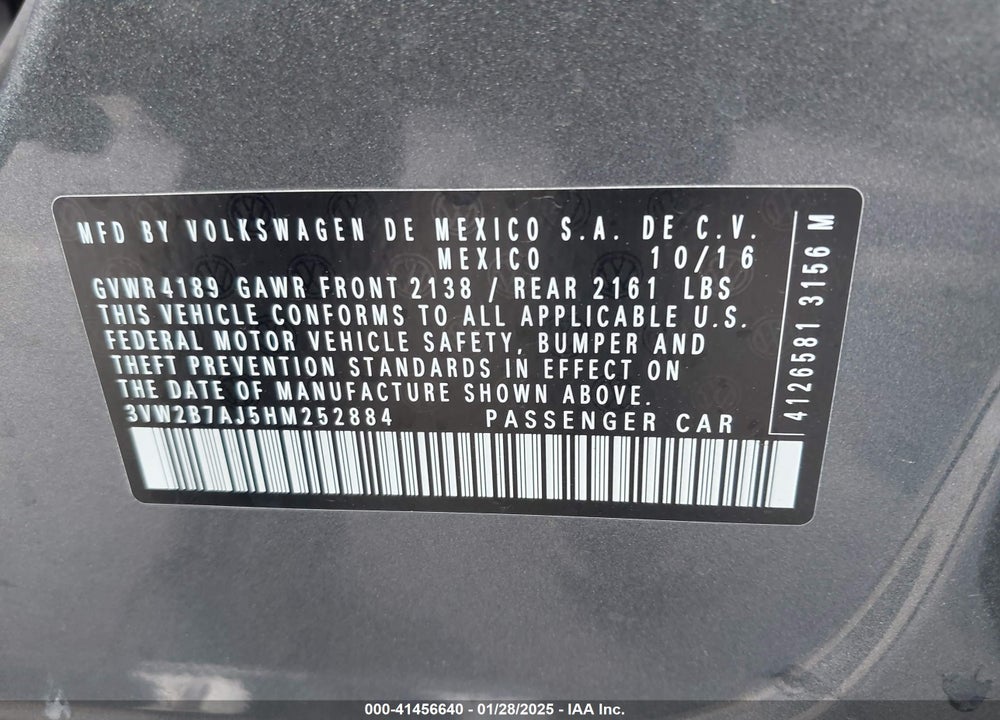 2017 VOLKSWAGEN JETTA VIN: 3VW2B7AJ5HM252884