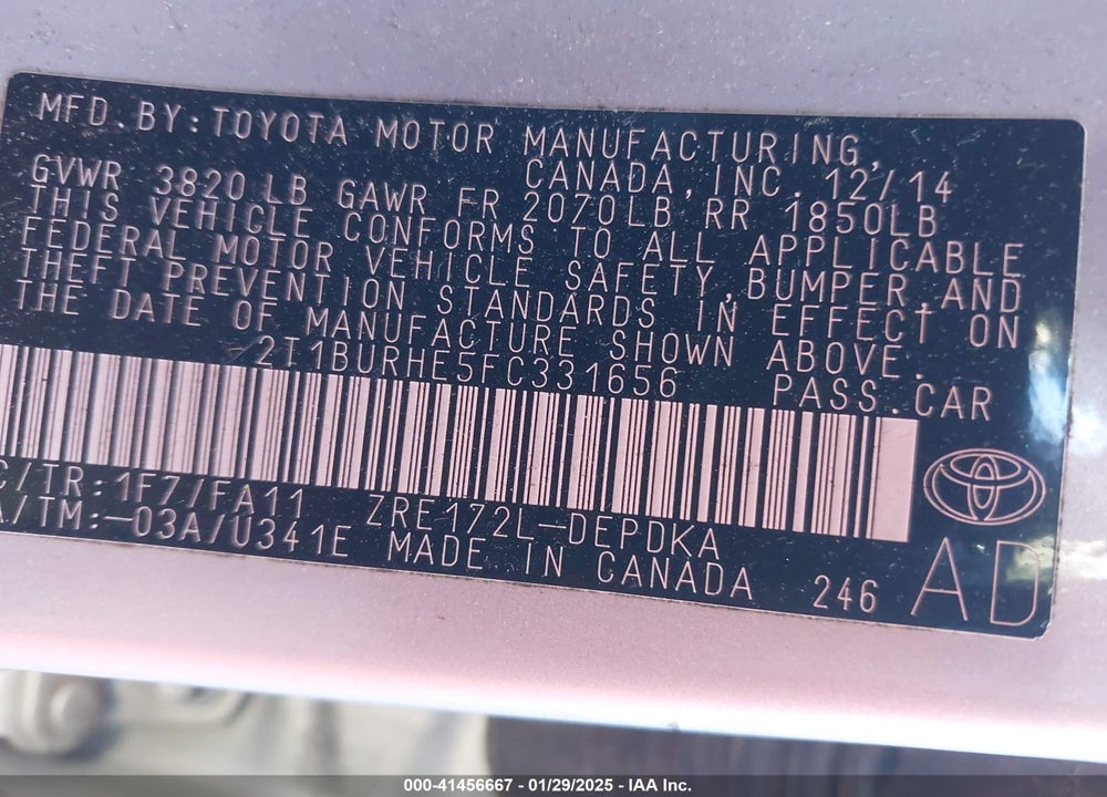 2015 TOYOTA COROLLA L VIN: 2T1BURHE5FC331656