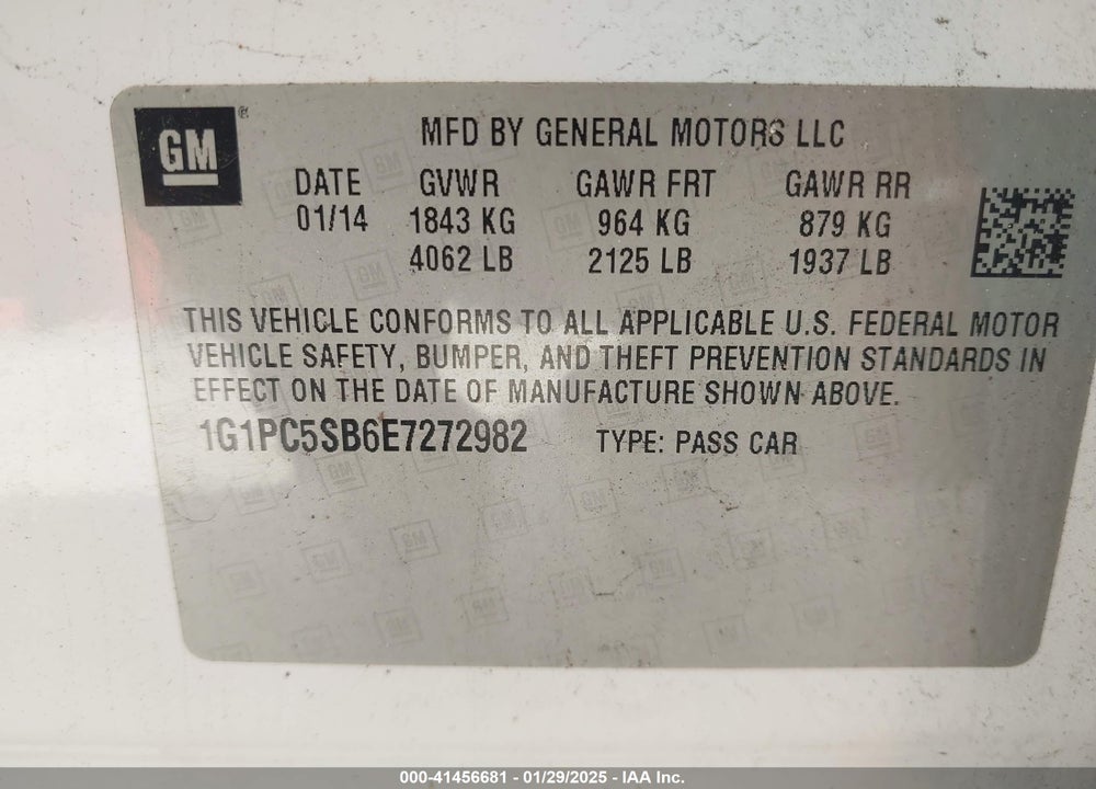 2014 CHEVROLET CRUZE VIN: 1G1PC5SB6E7272982